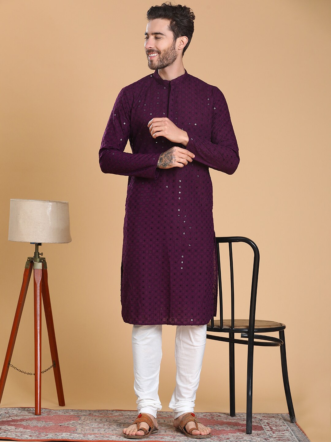 

TABARD Mandarin Collar Cotton Embroidered Kurta, Purple