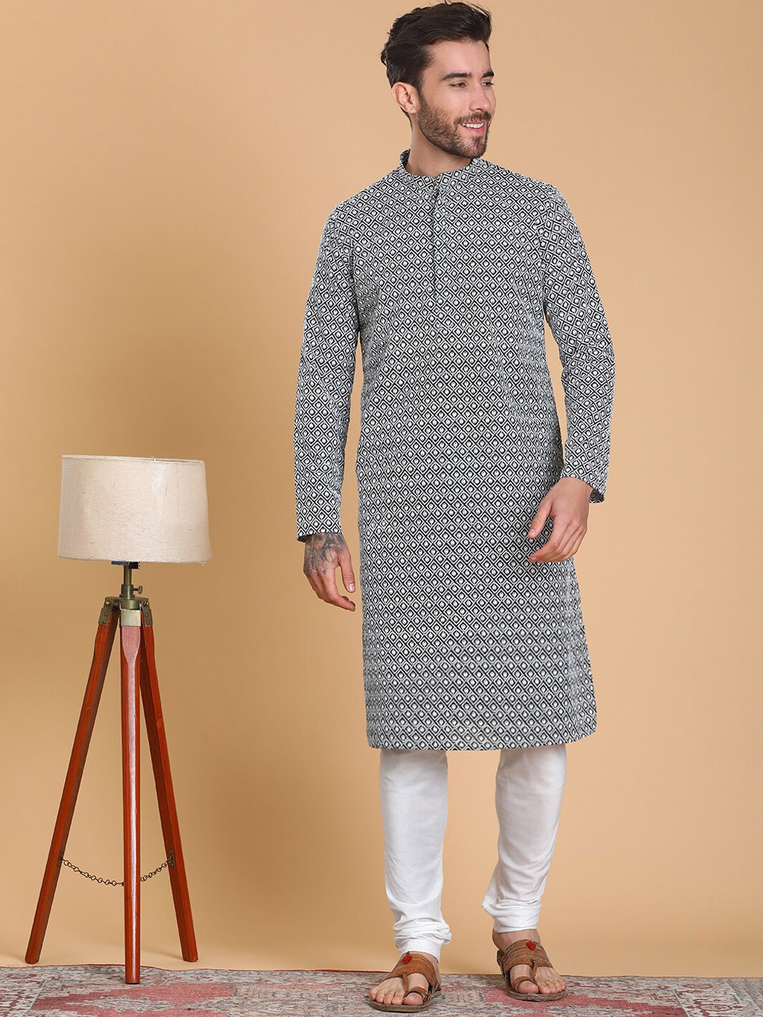 

TABARD Mandarin Collar Cotton Geometric Printed Kurta, Green