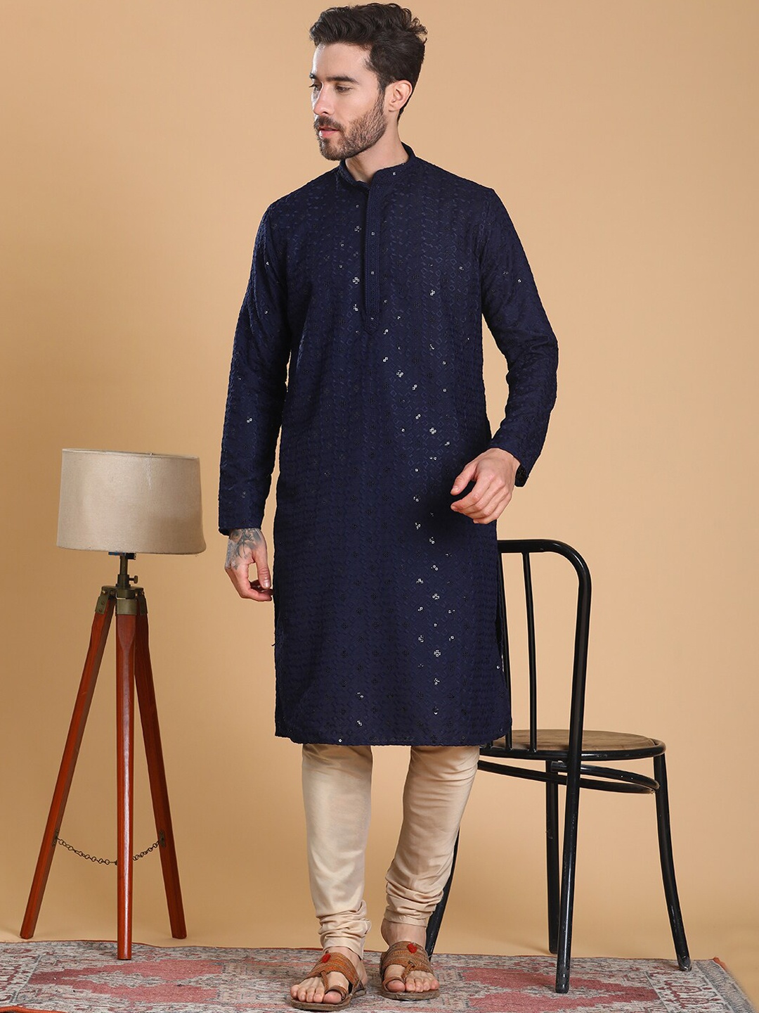 

TABARD Mandarin Collar Cotton Embroidered Kurta, Blue