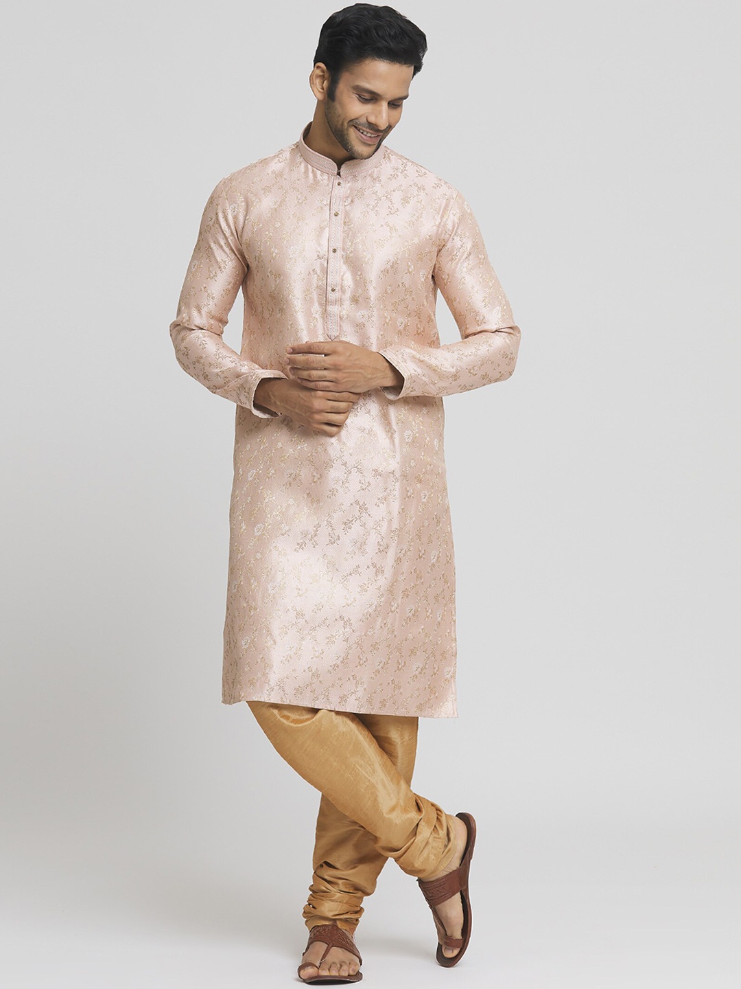 

Indian Poshakh Mandarin Collar Long Sleeves Floral Embroidered Kurta with Churidar, Beige