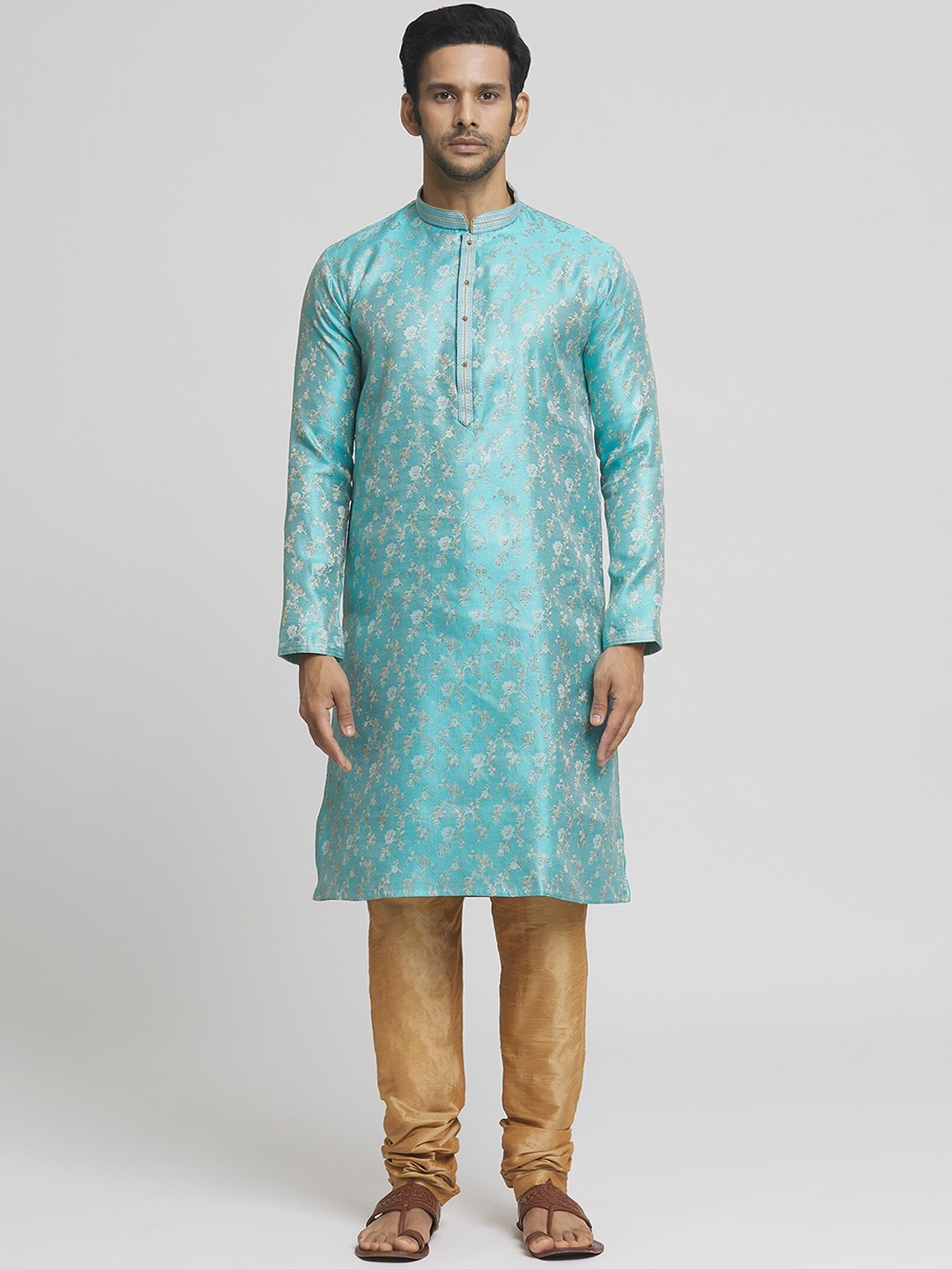 

Indian Poshakh Men Floral Embroidered Regular Kurta with Churidar, Blue