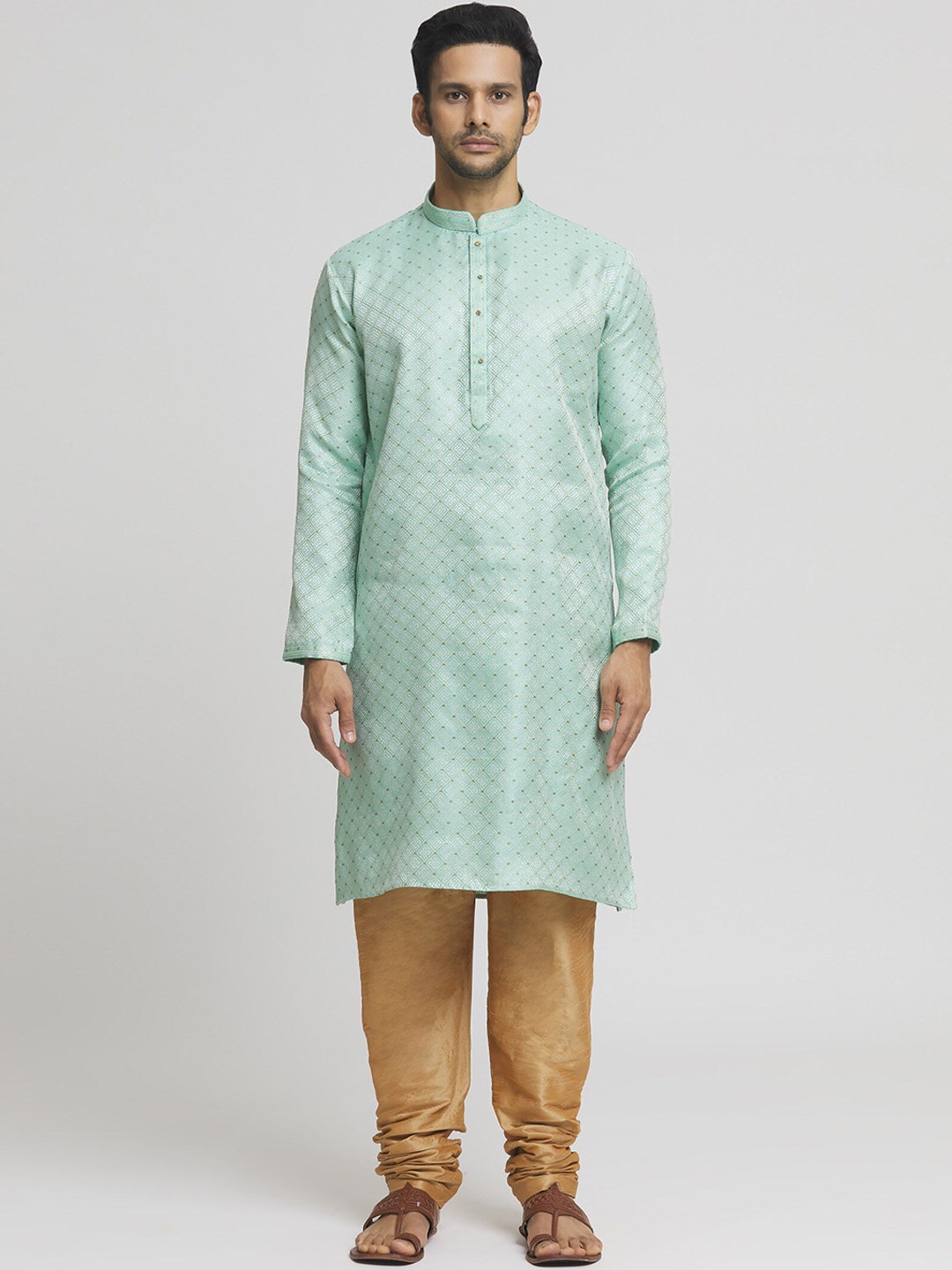 

Indian Poshakh Mandarin Collar Long Sleeves Woven Design Straight Kurta with Churidar, Sea green