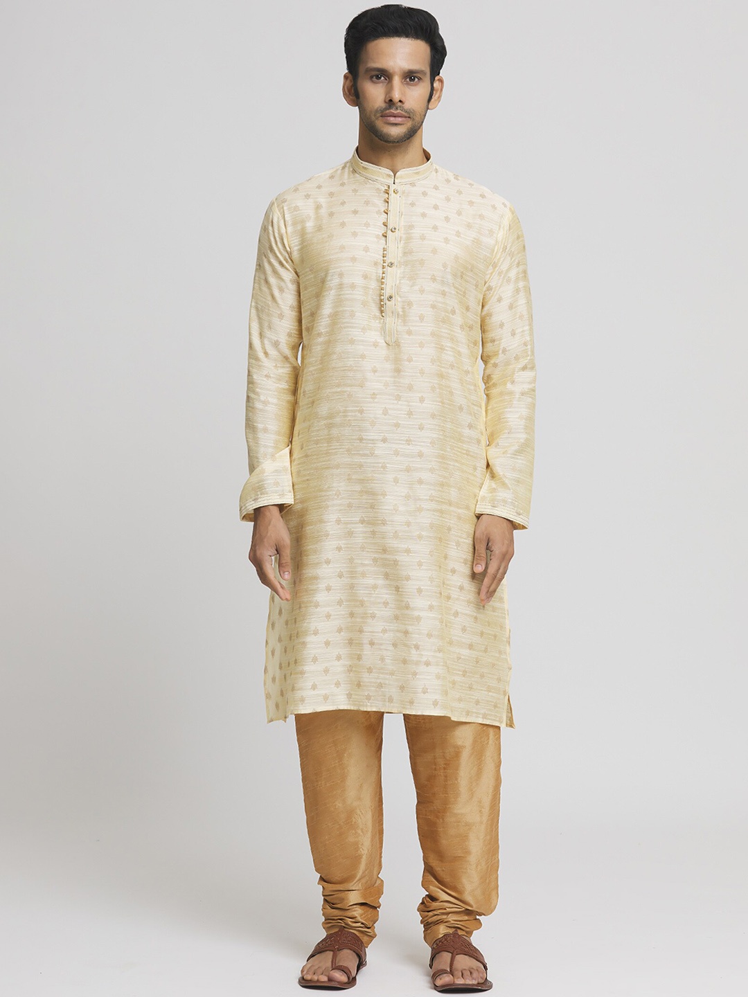 

Indian Poshakh Mandarin Collar Long Sleeves Ethnic Motifs Straight Kurta with Churidar, Beige