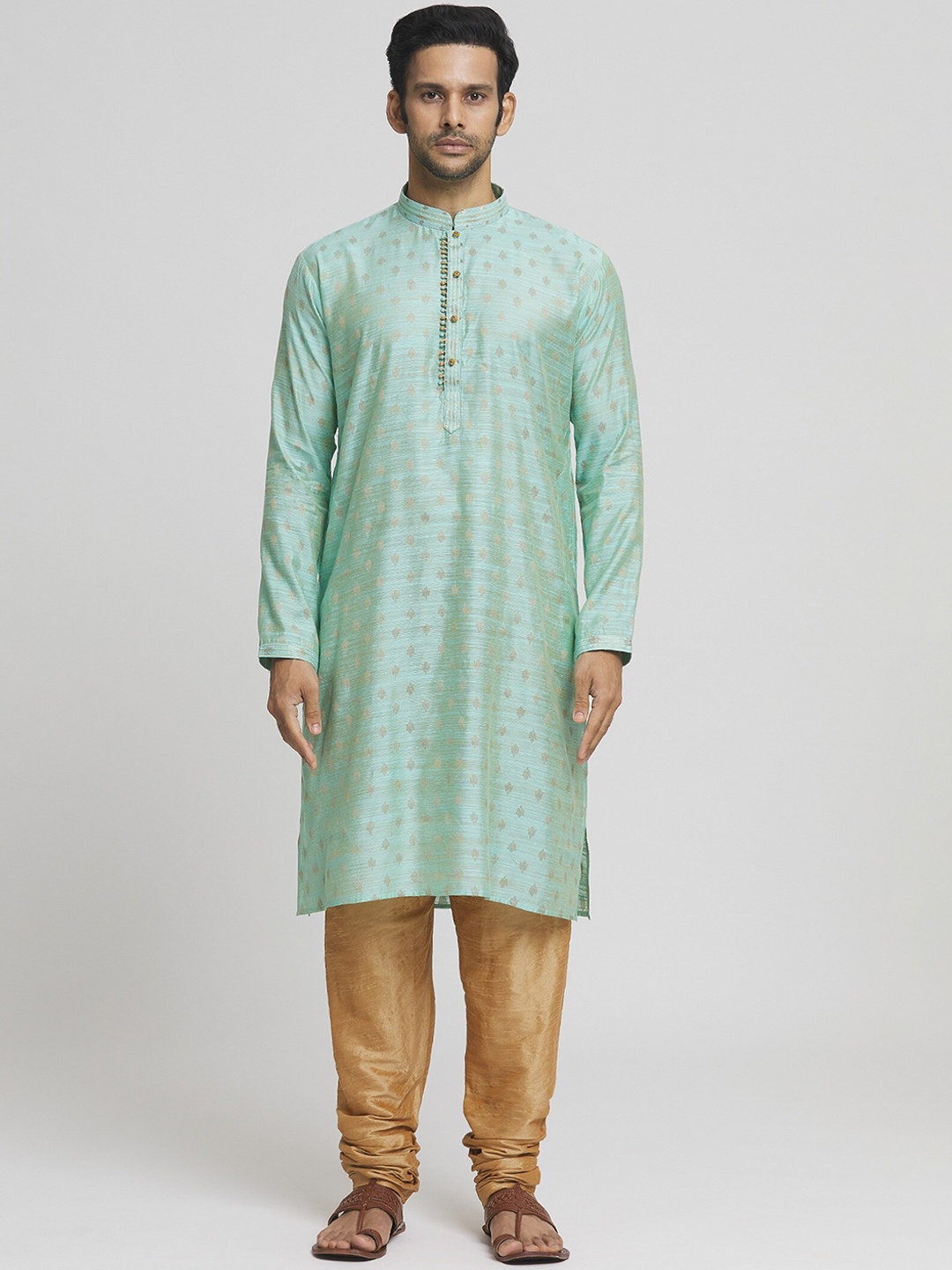 

Indian Poshakh Mandarin Collar Long Sleeves Ethnic Motifs Straight Kurta with Churidar, Turquoise blue