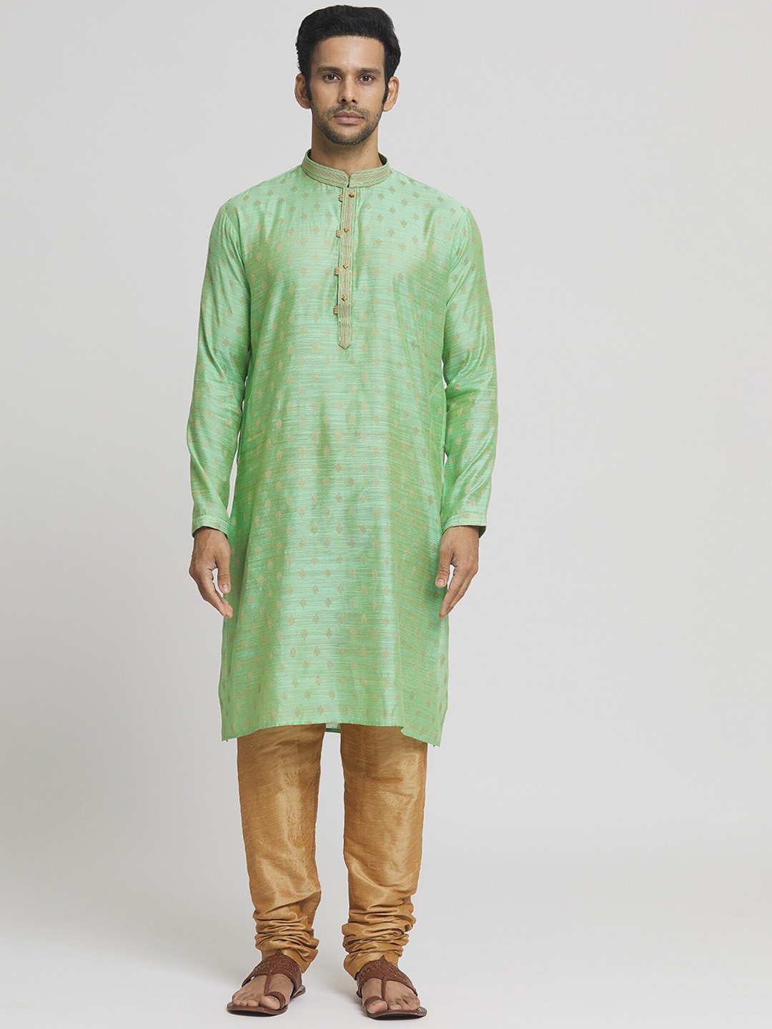 

Indian Poshakh Mandarin Collar Long Sleeves Woven Design Straight Kurta with Churidar, Green