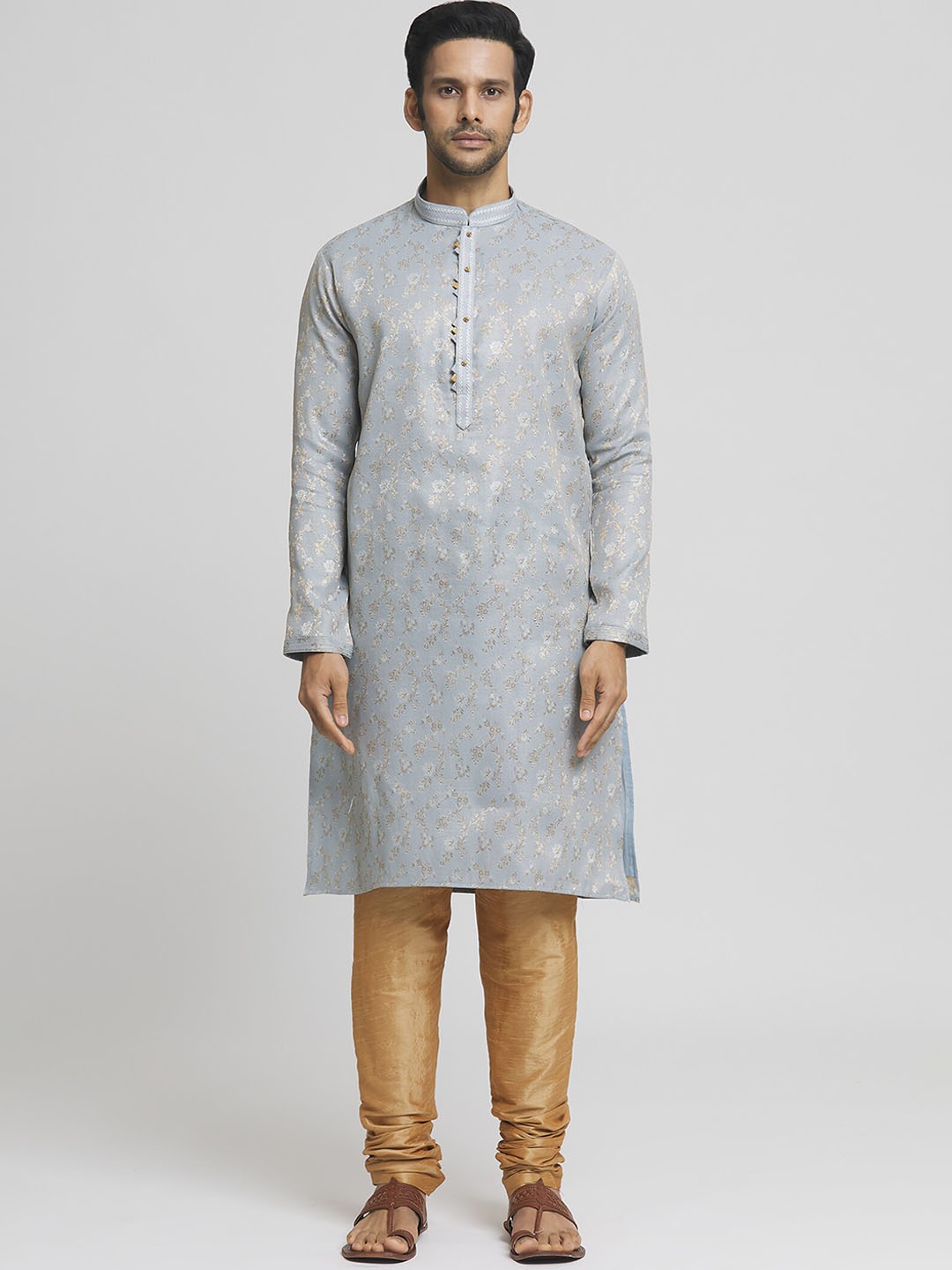 

Indian Poshakh Mandarin Collar Long Sleeves Floral Printed Straight Kurta with Churidar, Grey