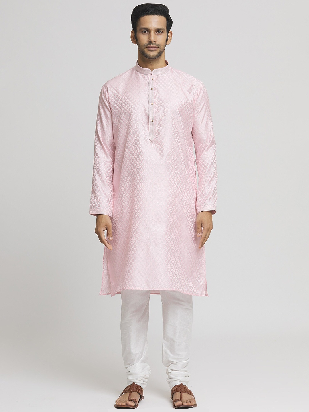 

Indian Poshakh Mandarin Collar Long Sleeves Ethnic Motifs Straight Kurta with Churidar, Pink