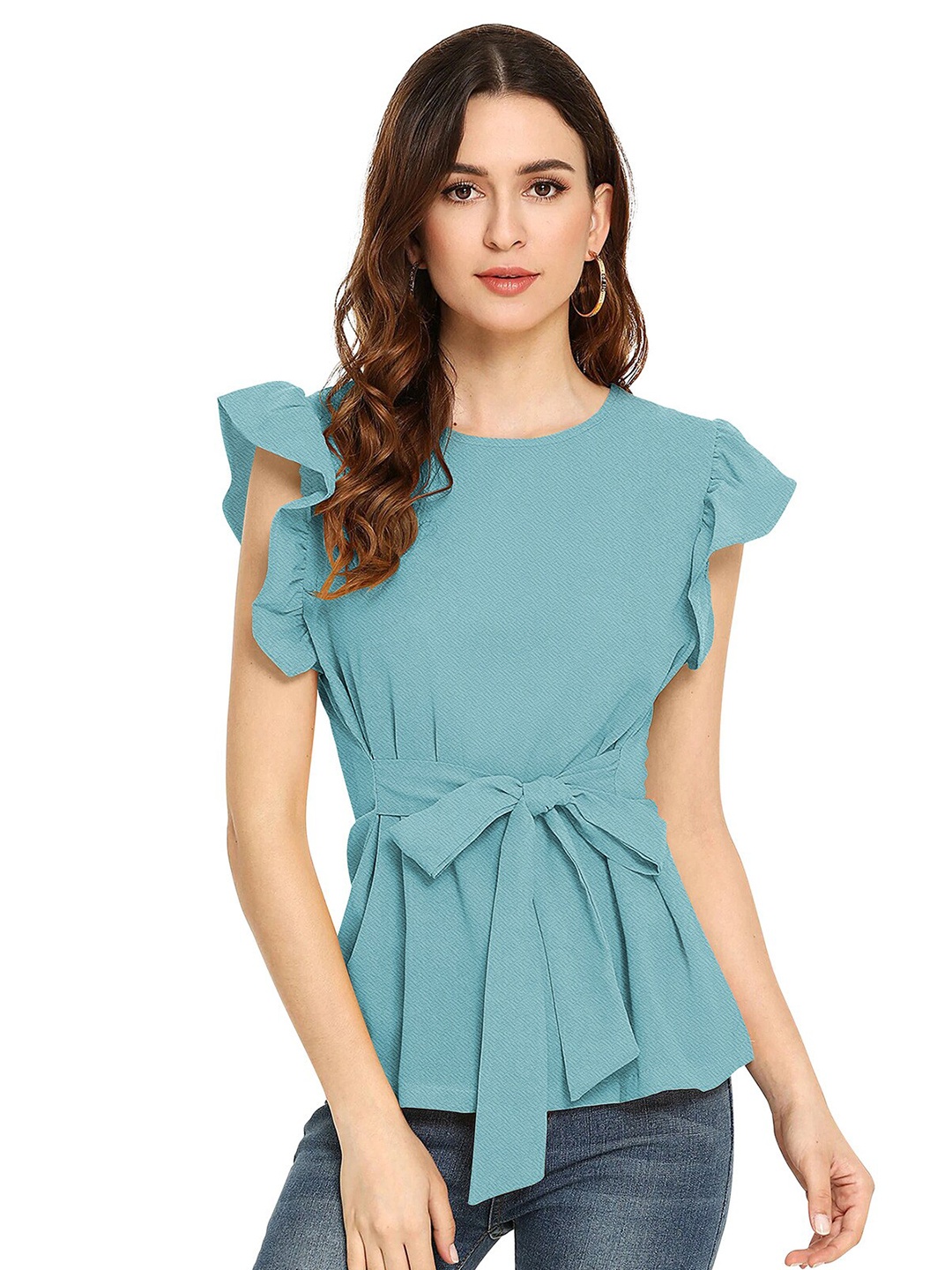 

ODETTE Flutter Sleeve Tie-ups Crepe Top, Blue