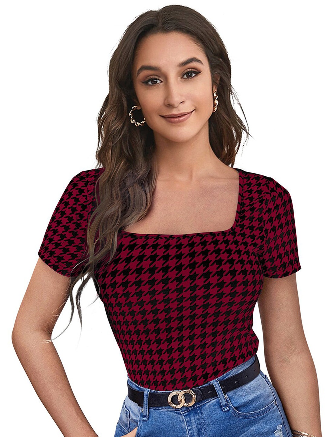 

ODETTE Geometric Checked Puff Sleeve Crepe Top, Maroon