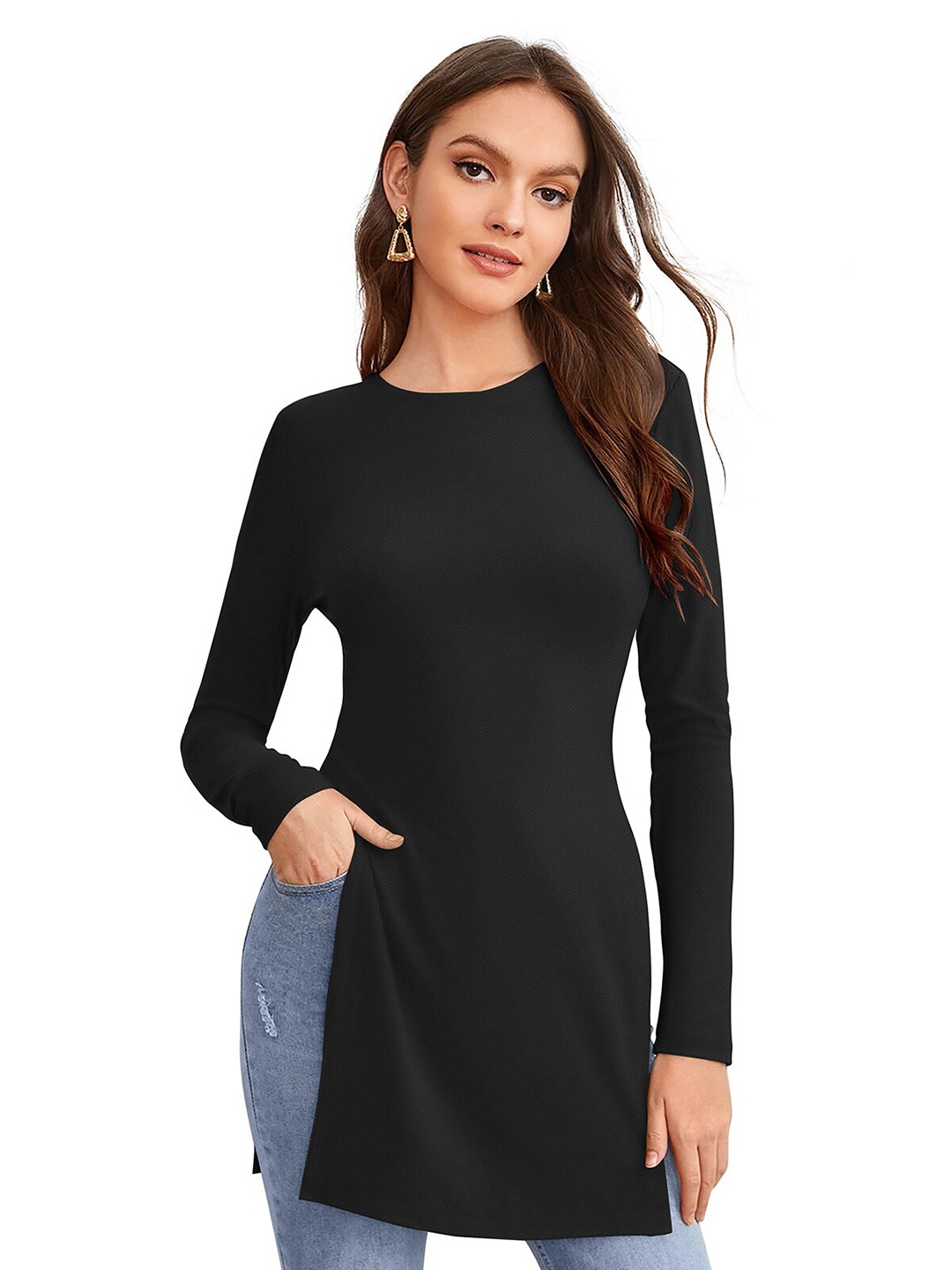 

ODETTE Round Neck Longline Top, Black