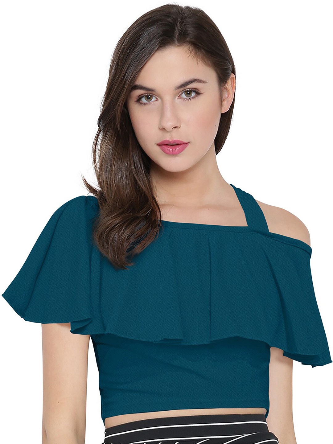 

ODETTE Cape Sleeve Crepe Bardot Crop Top, Teal