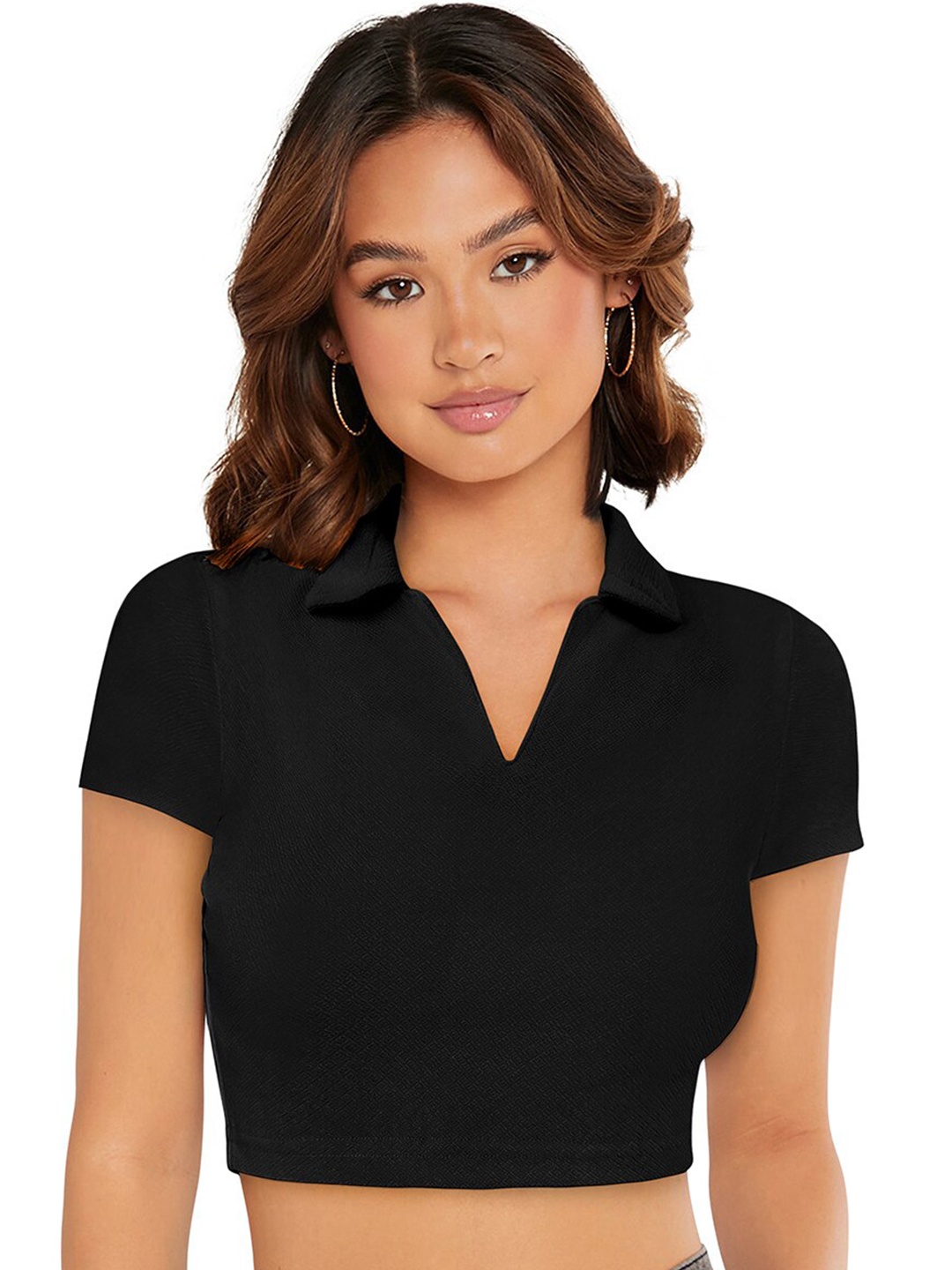 

ODETTE Shirt Collar Crop Top, Black