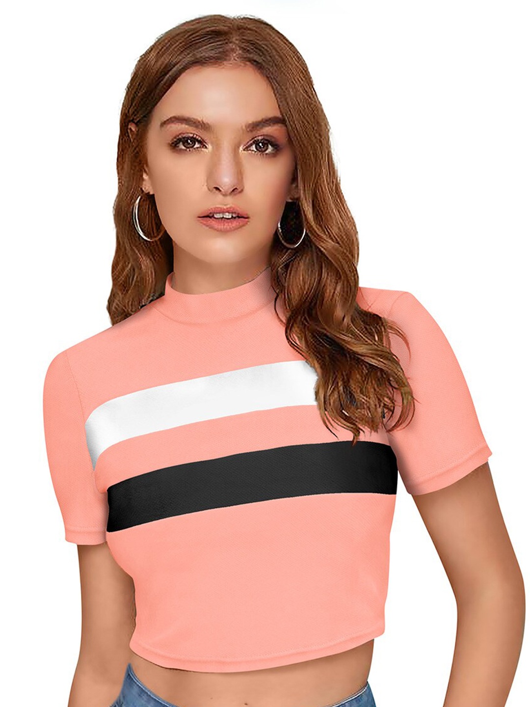 

ODETTE Striped High Neck Fitted Crop Top, Peach
