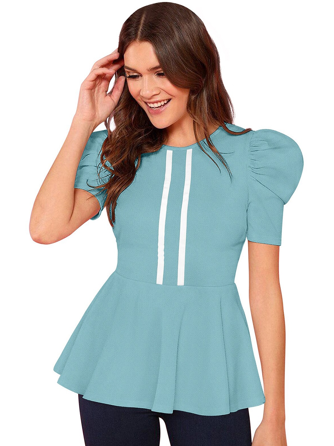 

ODETTE Puff Sleeve Crepe Peplum Top, Blue