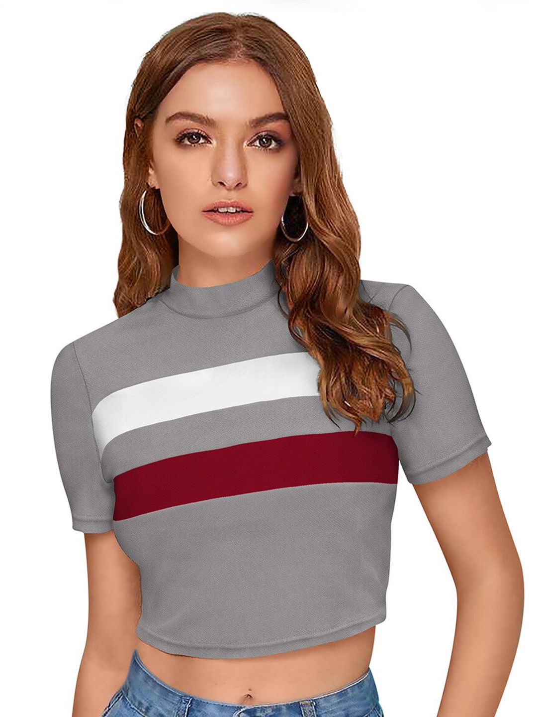 

ODETTE Colourblocked High Neck Long Sleeves Crepe Crop Top, Grey