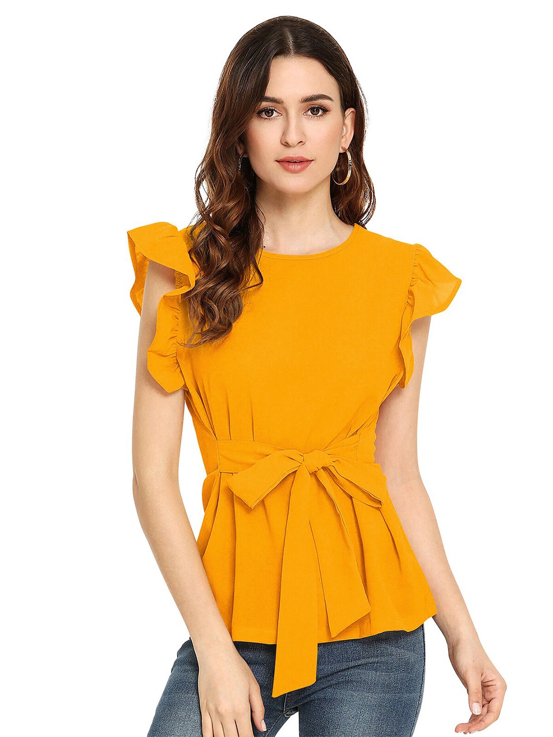 

ODETTE Flutter Sleeve Crepe Regular Top, Yellow