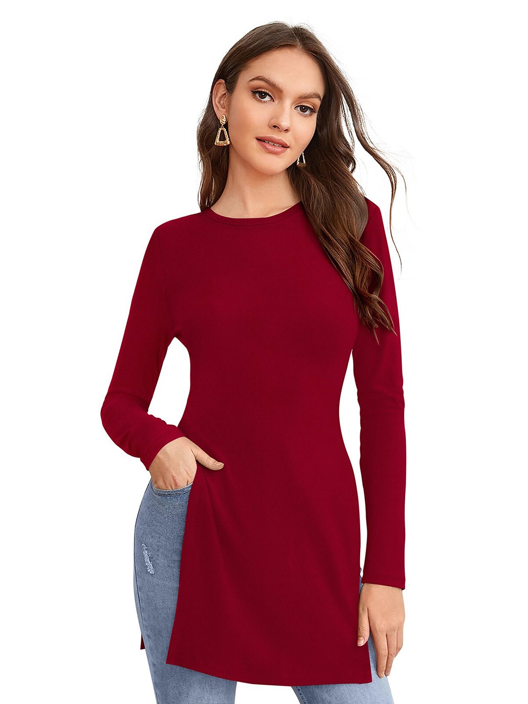 

ODETTE Self Design Crepe Fitted Longline Top, Maroon