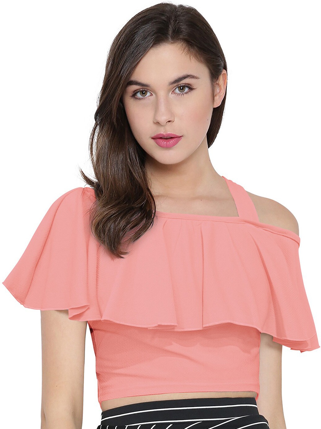 

ODETTE Off-Shoulder Flared Sleeves Bardot Crop Top, Peach