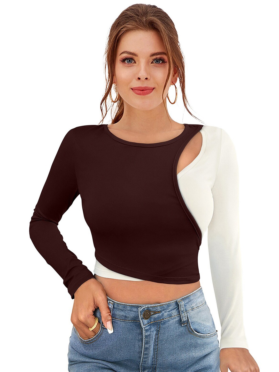 

ODETTE Colourblocked Cut Out Fitted Crop Top, Brown