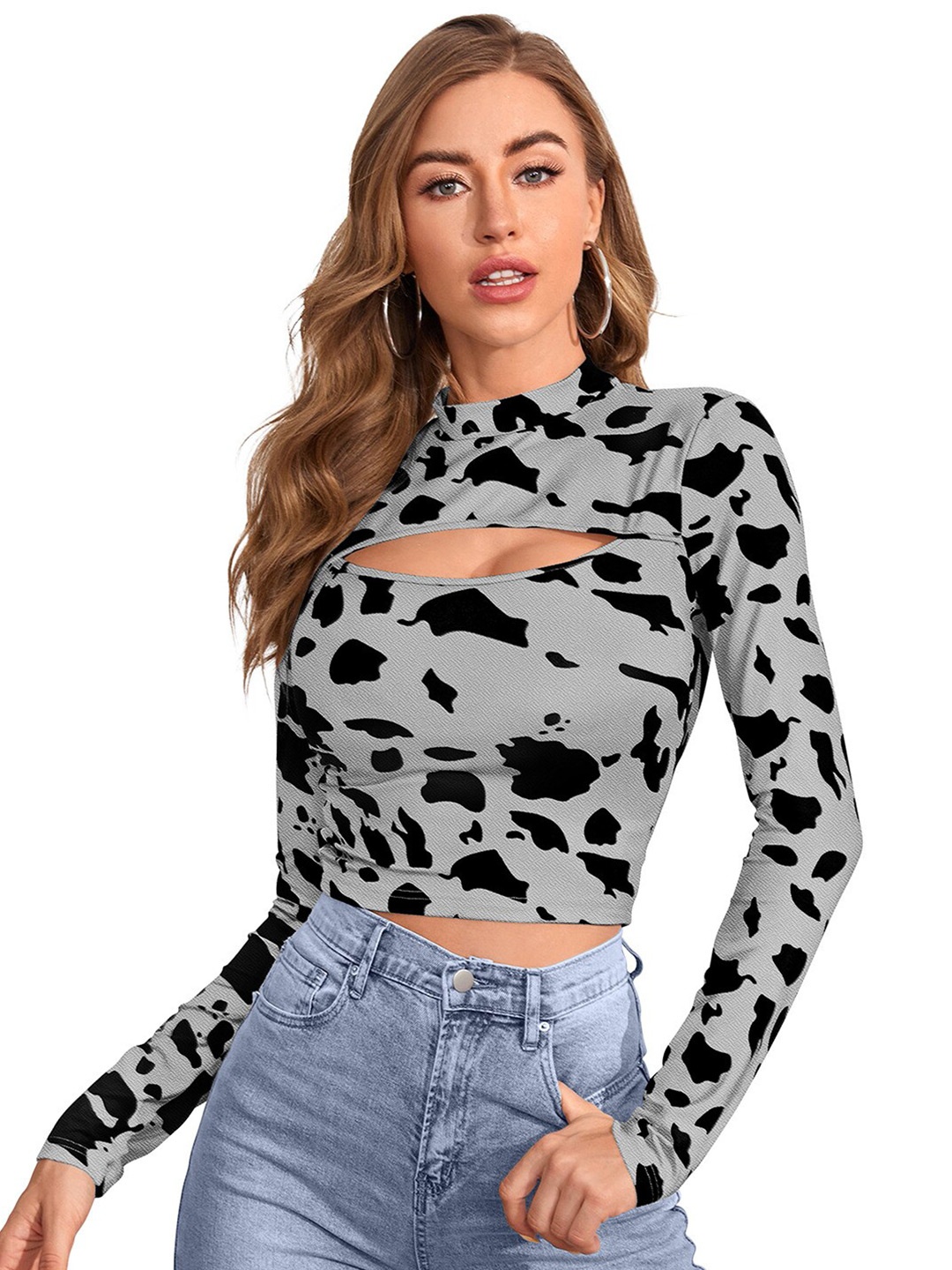 

ODETTE Animal Printed Crop Fitted Top, Grey