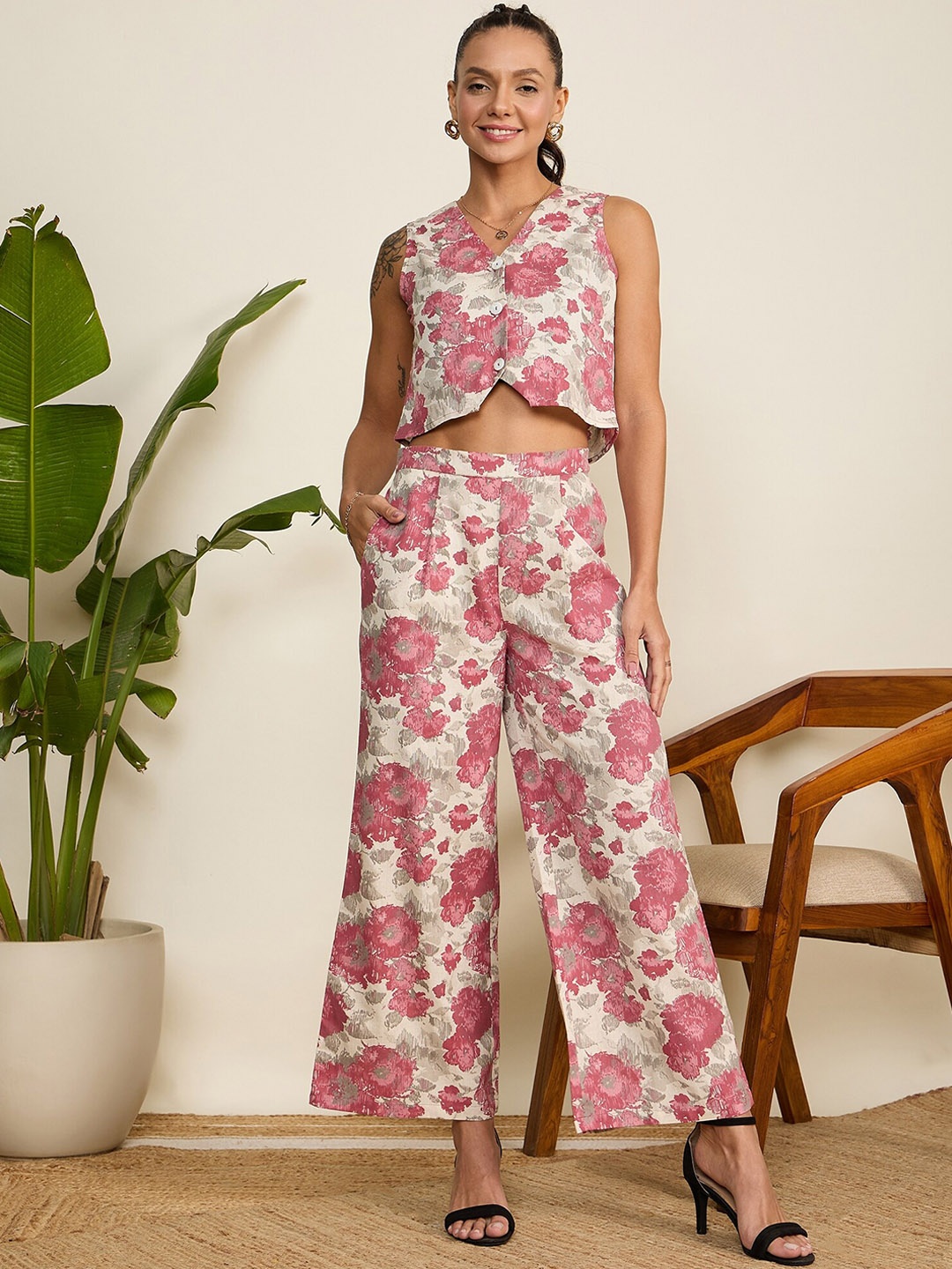 

WineRed Floral Printed V-Neck Pure Cotton Waistcoat & Trouser Co-Ord Set, Pink