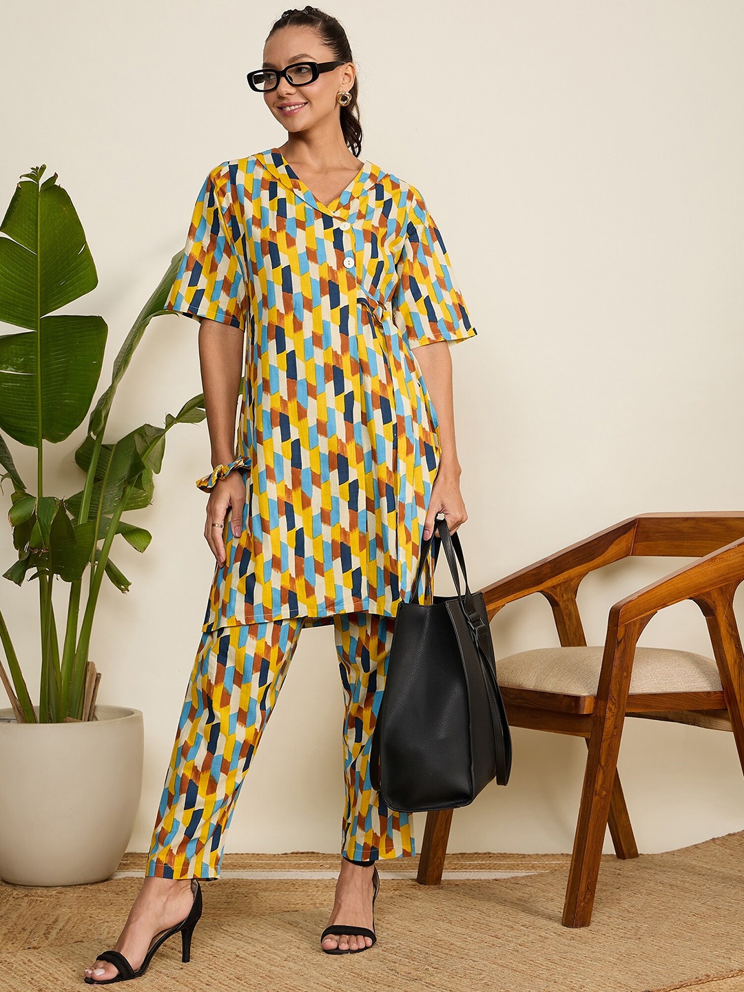 

WineRed Geometric Printed Pure Cotton Tunic & Trouser, Yellow