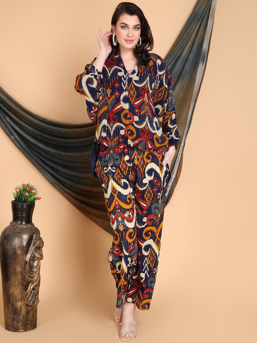 

Aadews Printed V-Neck Top & Trousers, Blue
