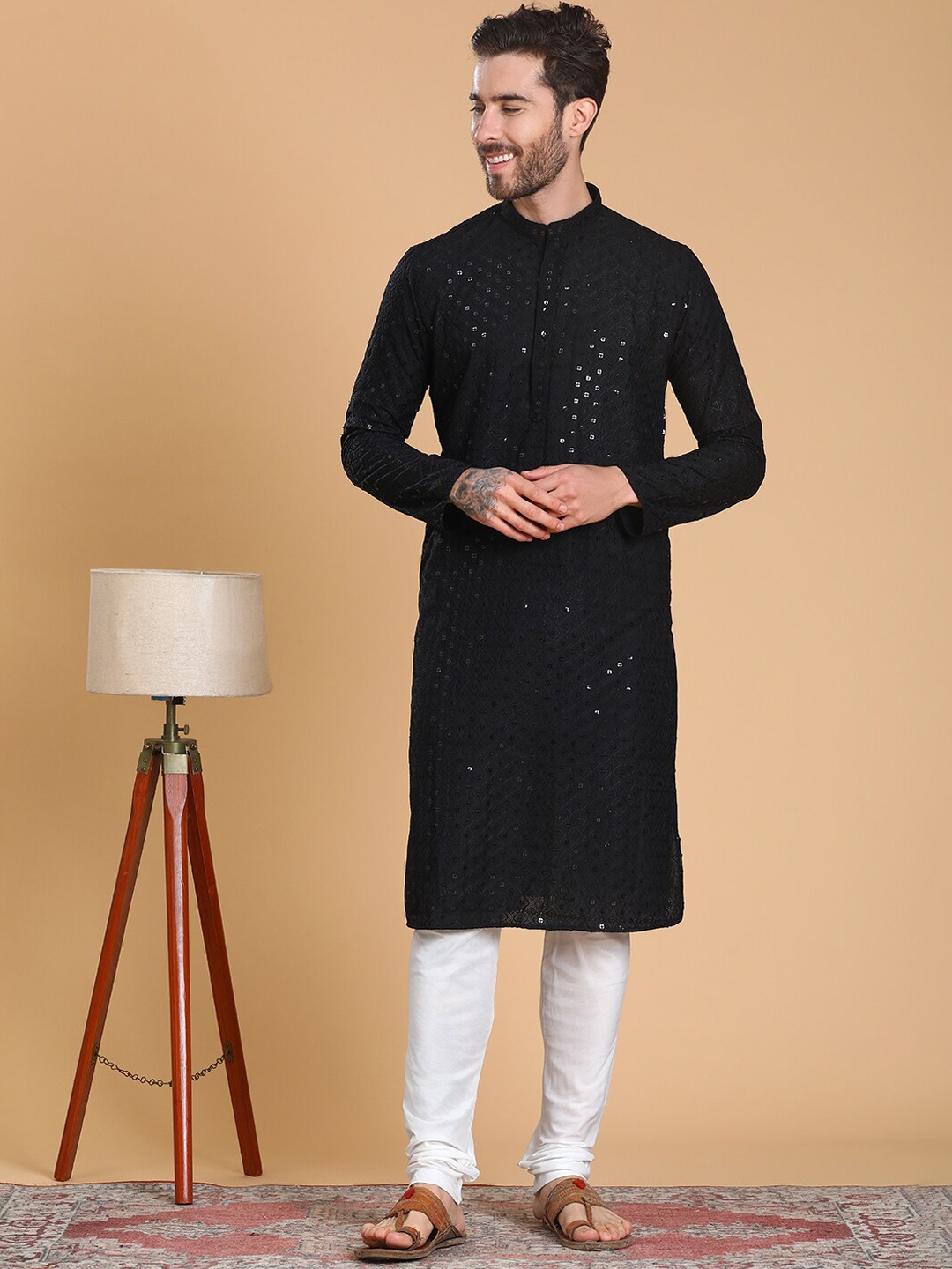 

TABARD Ethnic Motifs Embroidered Regular Sequinned Pure Cotton Kurta with Churidar, Black