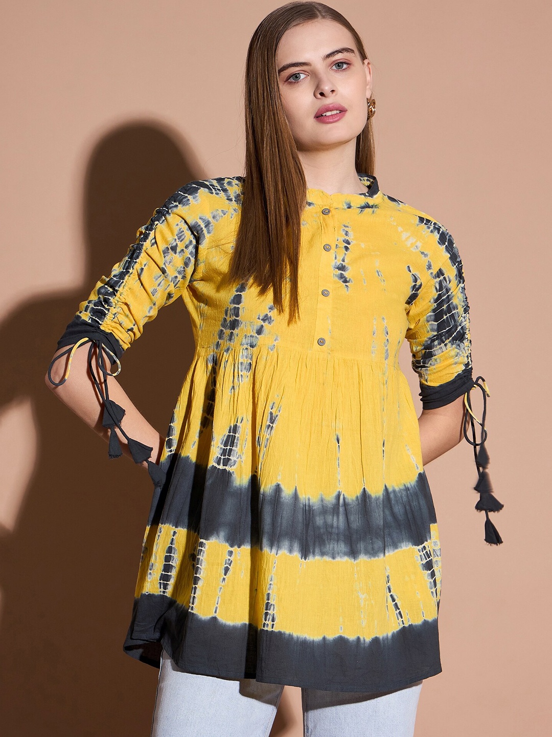 

DressBerry Tie and Dye Mandarin Collar Cotton Top, Yellow