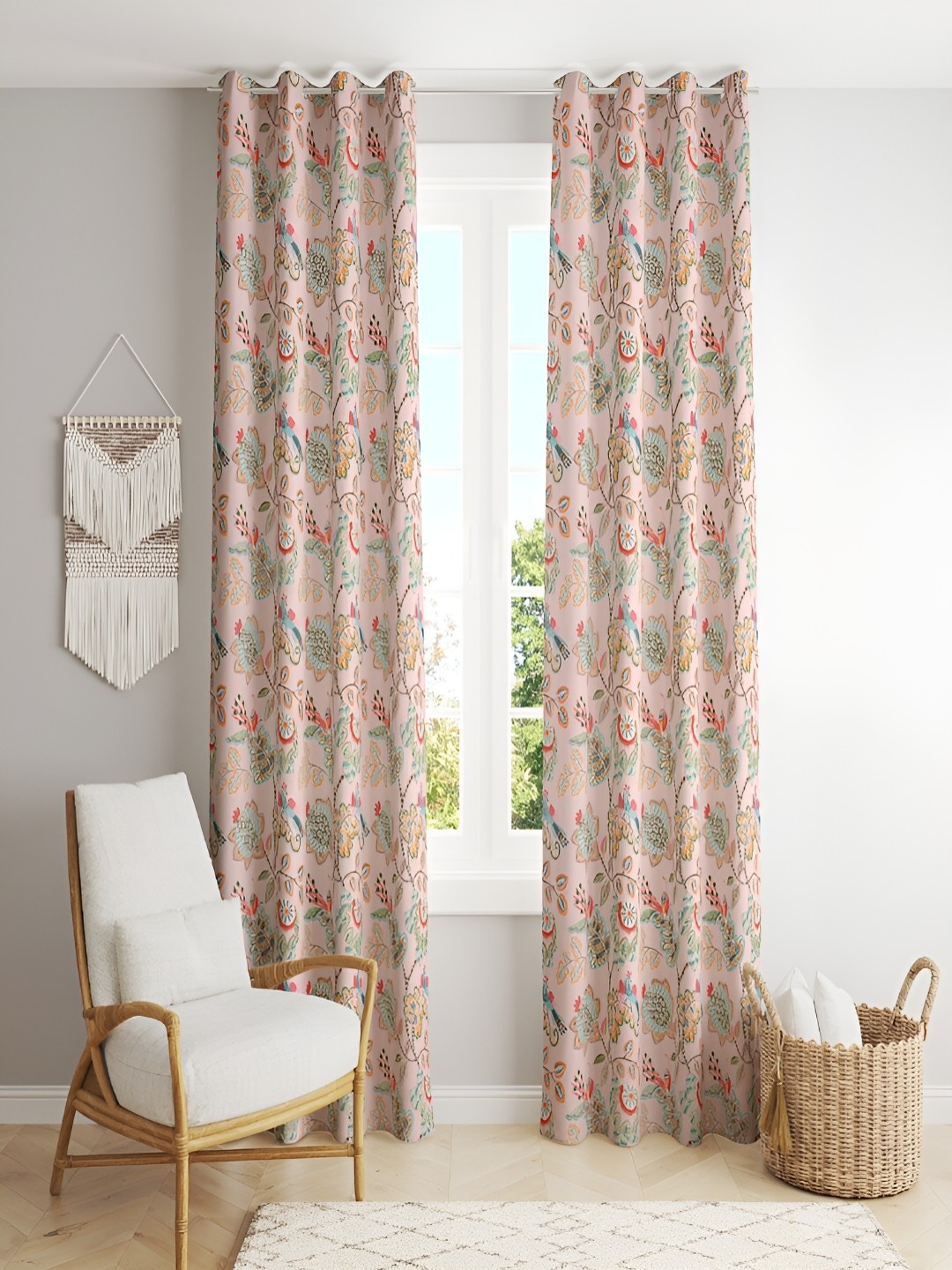 

CHICERY Orange & Pink 2 Pieces Floral Cotton Room Darkening Long Door Curtain