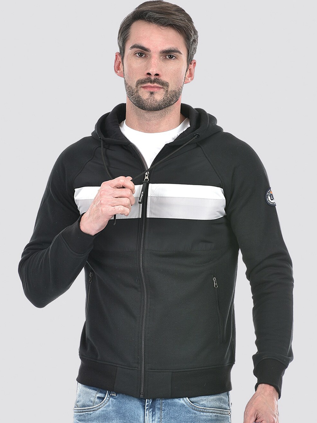

Integriti Striped Hooded Ribbed Front-Open Sweatshirt, Black