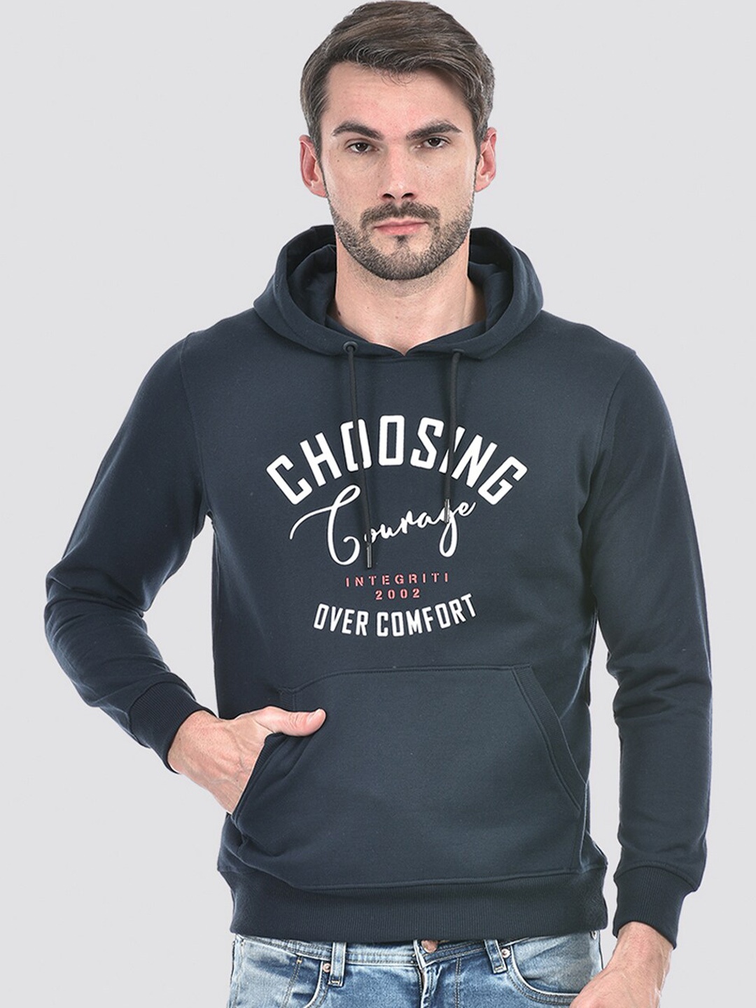 Integriti Typography Printed Hooded Ribbed Pullover Sweatshirt, Navy blue