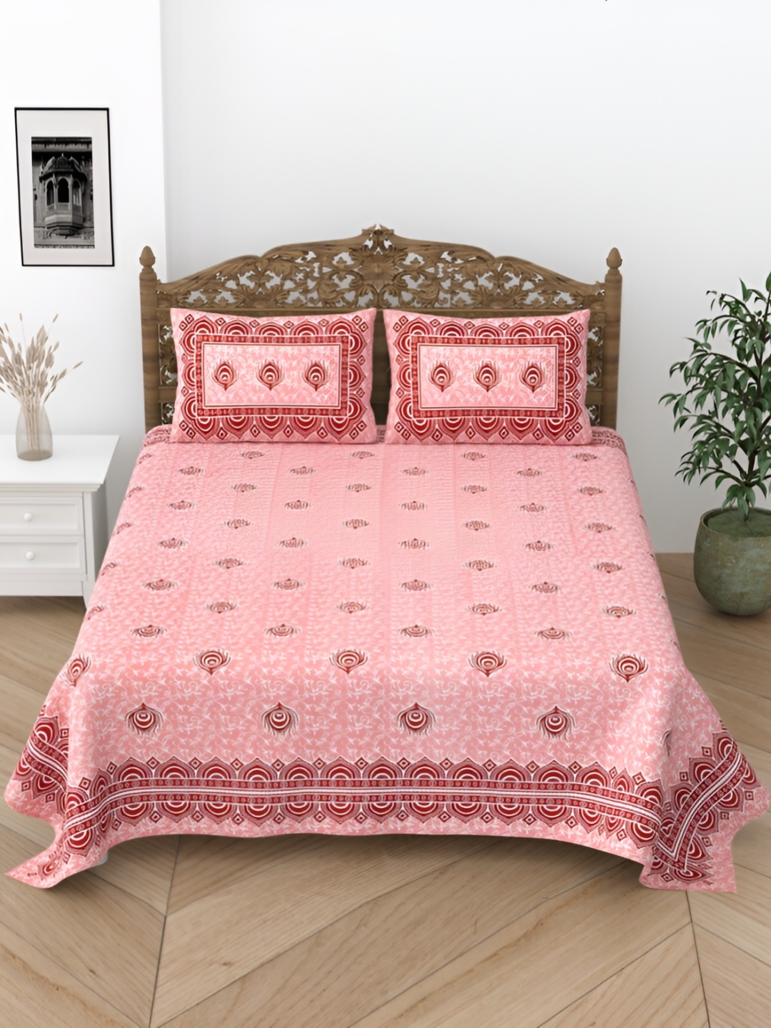 

Comfowell Pink & White Floral 244 TC Cotton King Bedsheet with 2 Pillow Covers