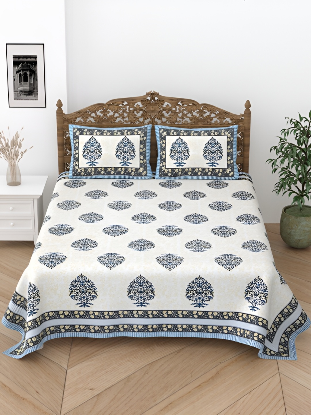 

Comfowell Blue & White Floral King 244 TC Cotton Bedsheet with 2 Pillow Covers