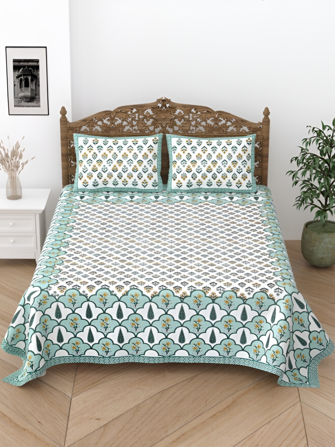 

Comfowell White & Green Floral Cotton 240 TC Single Bedsheet With 2 Pillow Covers