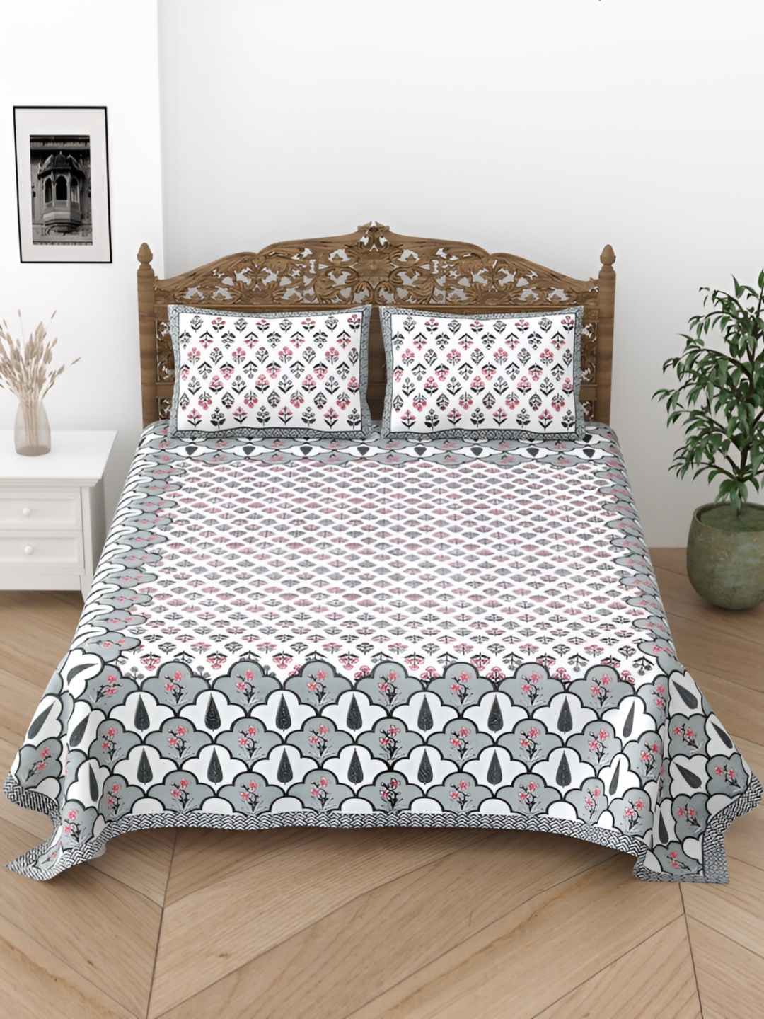 

Comfowell Grey & White Floral Cotton 240 TC King Bedsheet With 2 Pillow Covers