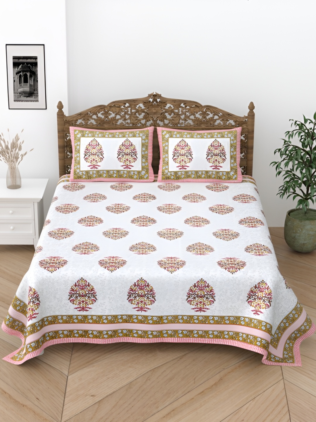 

Comfowell Green & White Floral Printed Cotton 244 TC King Bedsheet With 2 Pillow Covers