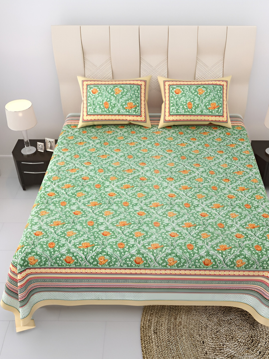 

Comfowell Green & Orange Floral Printed Cotton 244 TC King Bedsheet With 2 Pillow Covers