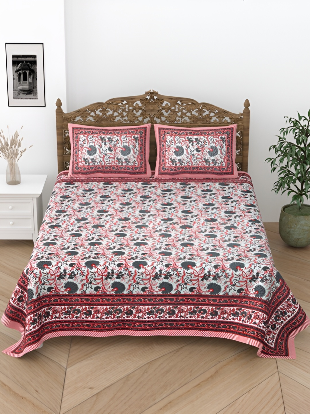 

Comfowell Red & Grey Floral 244 TC Cotton King Bedsheet with 2 Pillow Covers