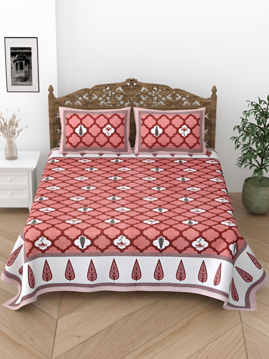 

Comfowell Maroon & White Geometric Cotton 240 TC King Bedsheet With 2 Pillow Covers