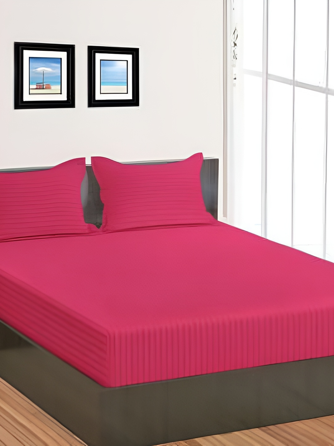 

Comfowell Pink Striped Cotton 210 TC King Bedsheet With 2 Pillow Covers
