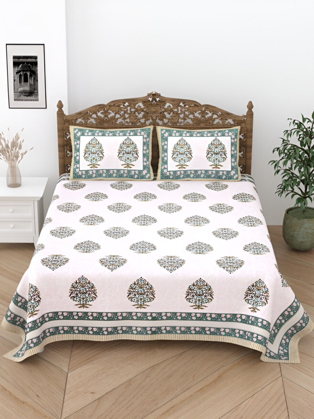 

Comfowell White & Green Floral Printed Cotton 244 TC Single Bedsheet With 2 Pillow Covers