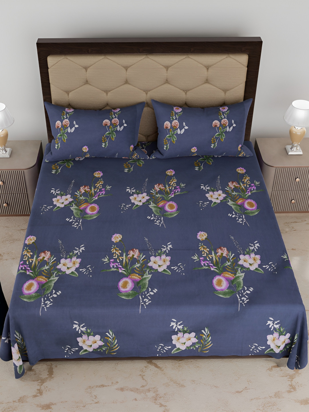

Comfowell Blue & White Floral Printed Cotton 210 TC King Bedsheet With 2 Pillow Covers