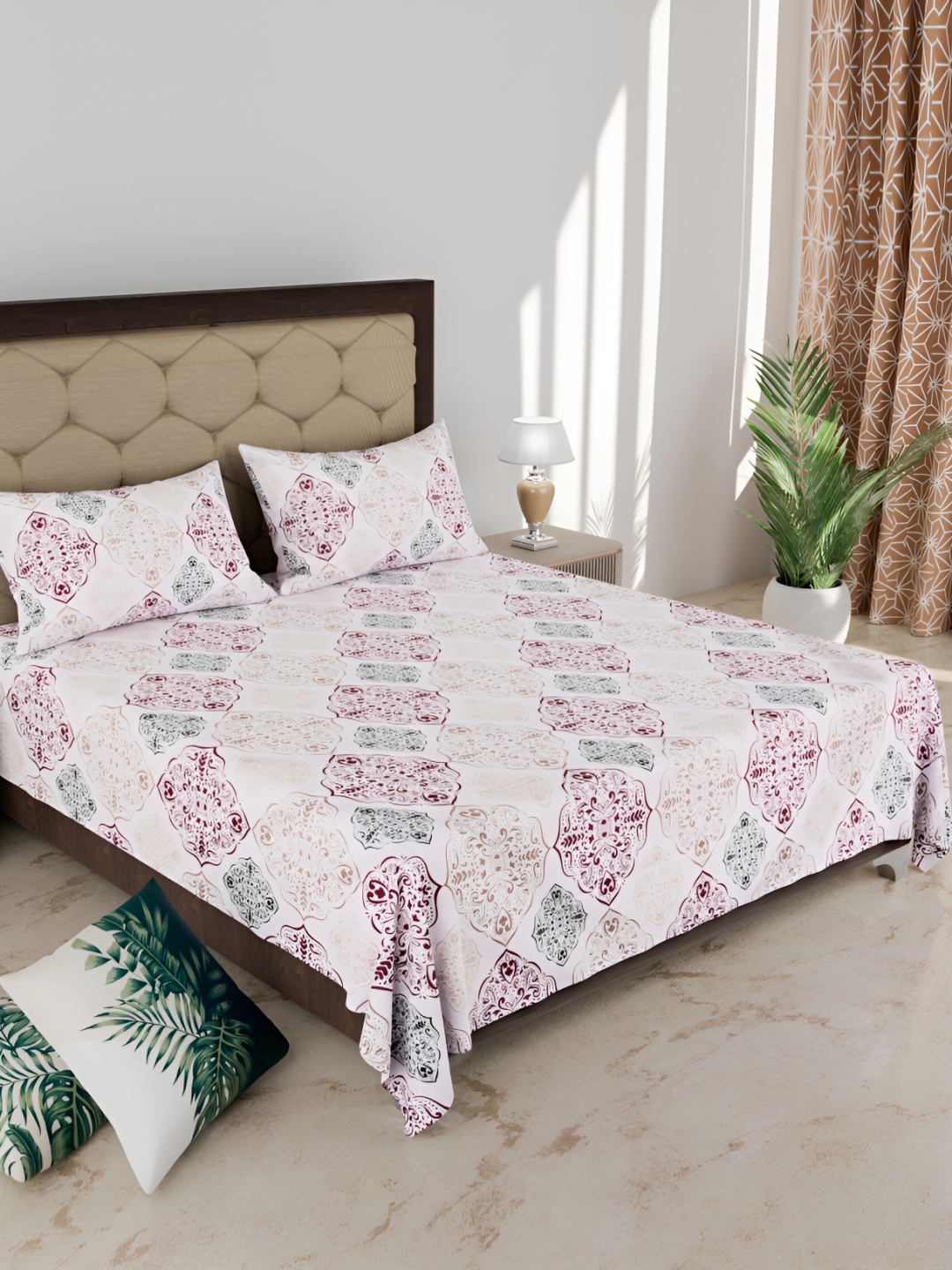 

Comfowell White & Pink Printed Cotton 210 TC King Bedsheet With 2 Pillow Covers