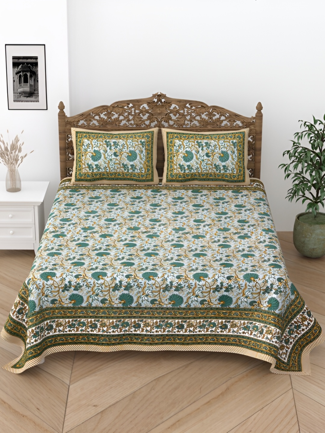 

Comfowell White & Green Floral King Bedsheet with 2 Pillow Covers