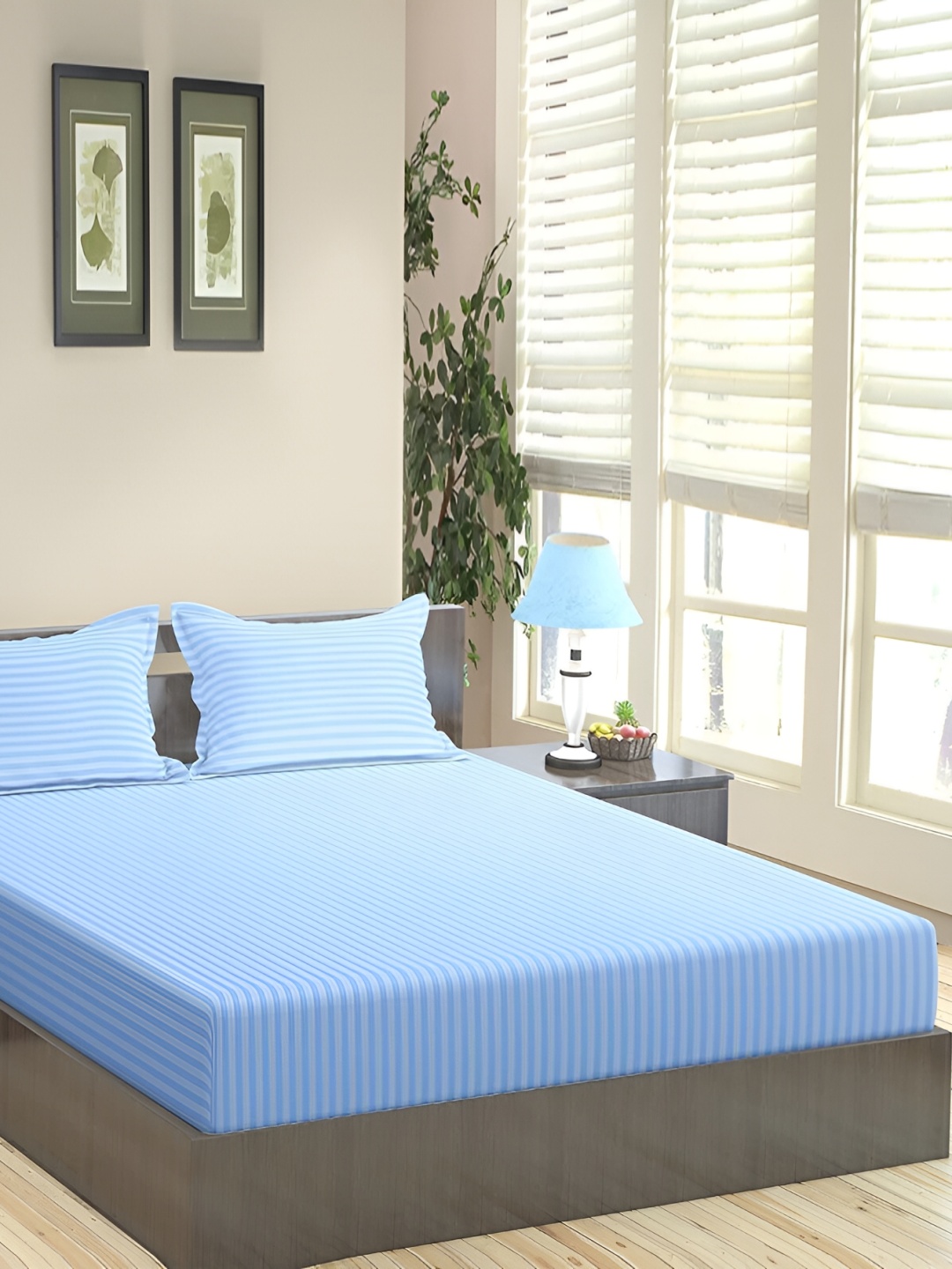 

Comfowell Blue Striped 210 TC Cotton King Bedsheet With 2 Pillow Covers