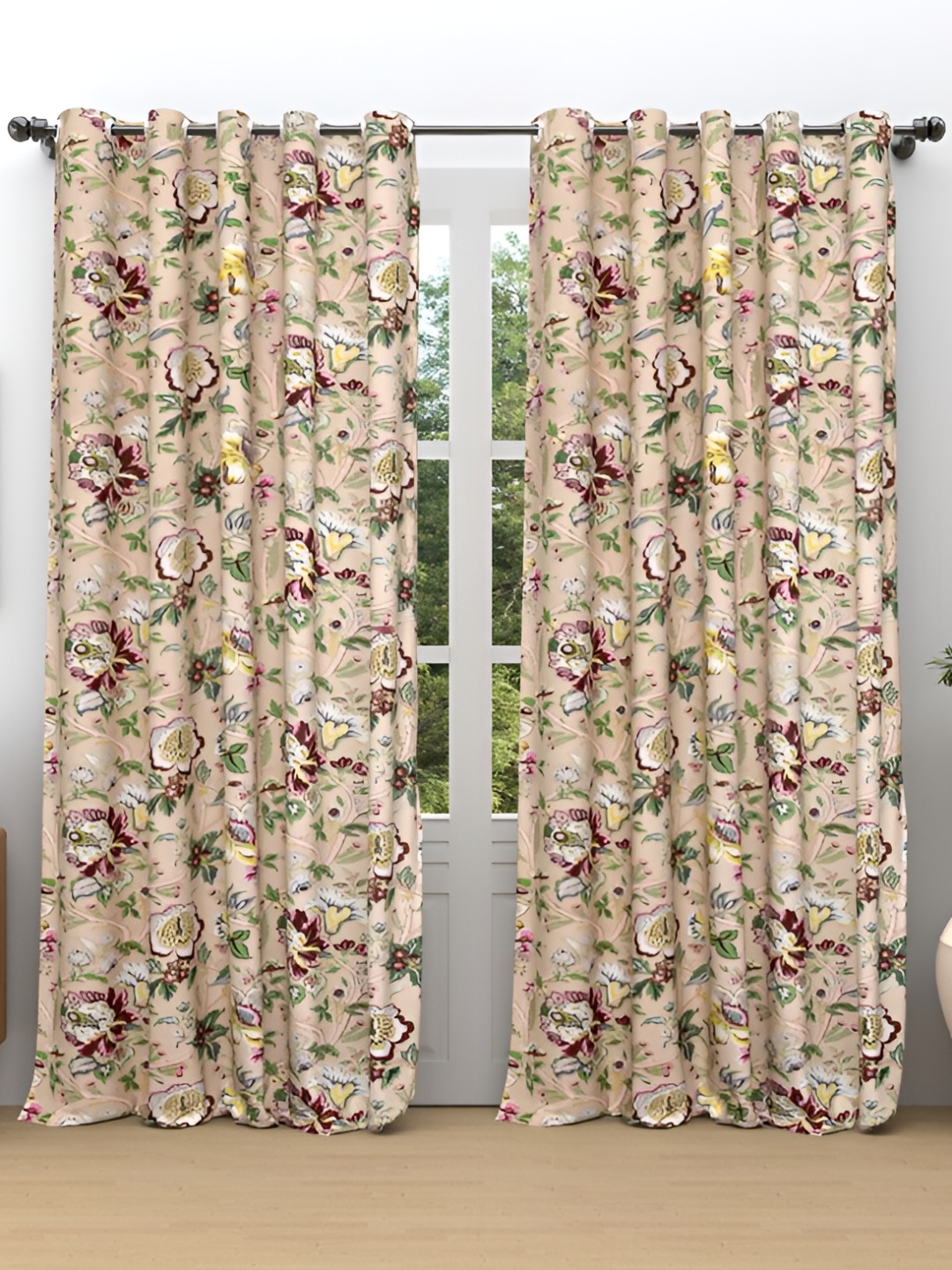

Comfowell Peach-Coloured & Green 2 Pcs Floral Room Darkening Door Curtain
