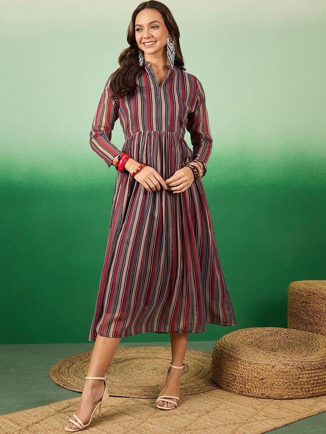 Sangria Striped Mandarin Collar Fit & Flare Chiffon Midi Ethnic Dress, Maroon