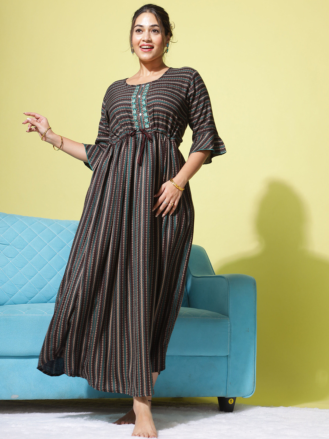 

9shines Label Striped Maxi Nightdress, Brown
