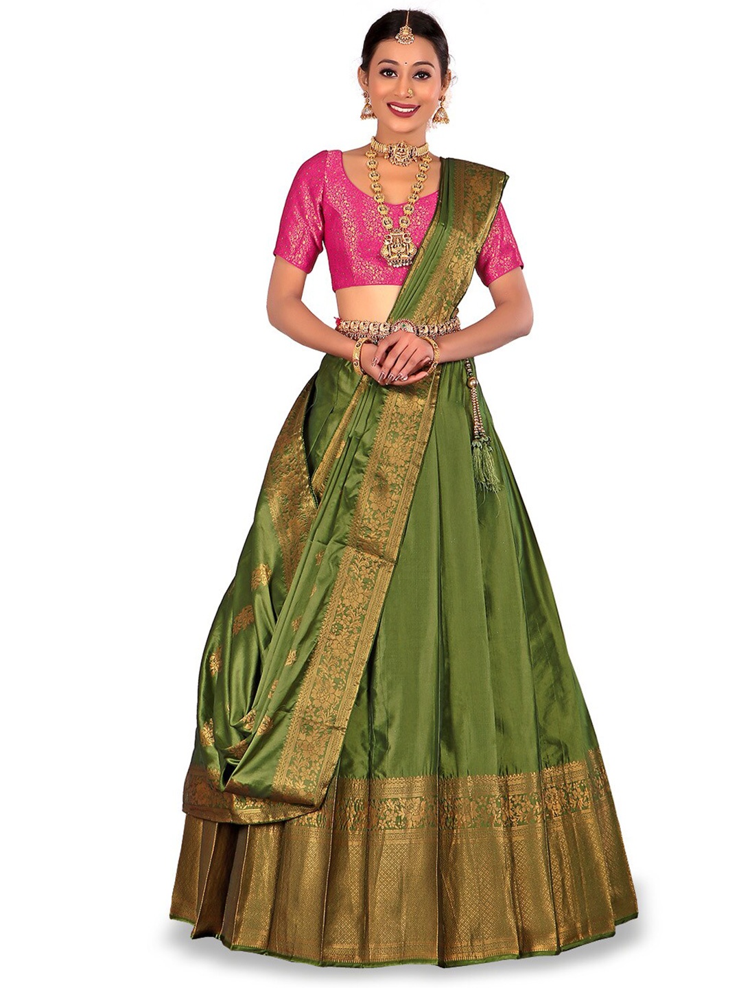 

HALFSAREE STUDIO Woven Design Unstitched Lehenga & Semi-Stitched Blouse With Dupatta, Olive